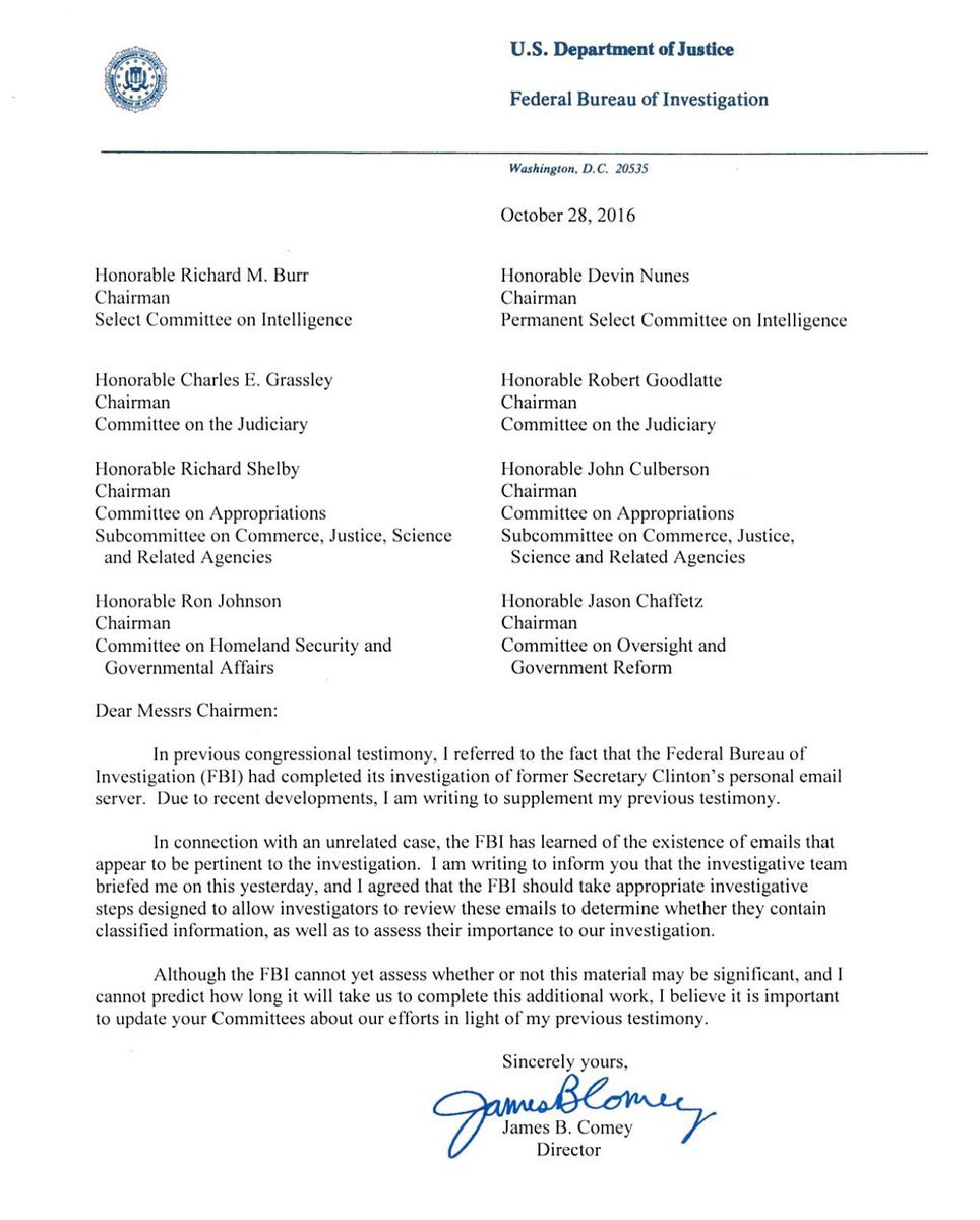 Pismo FBI Direktora Džejms Komija upućeno liderima kongresa Sjedinjenih Američkih država